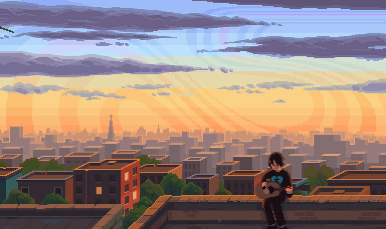 Evening rooftop scene for calm lo-fi listening